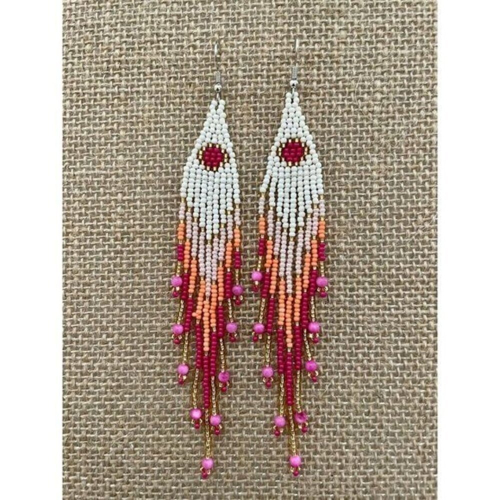 Handmade Miyuki Seed Bead Fringe Dangling Earrings Cactus Flower NWT - Picture 4 of 9